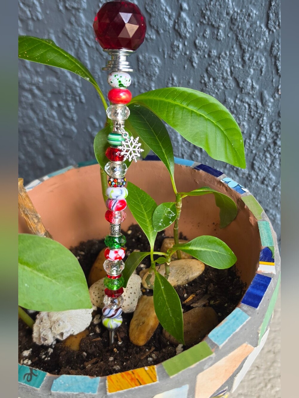 Handmade Festive Beaded Plant Stick/garden Stake/fairy With Snowflake Charm